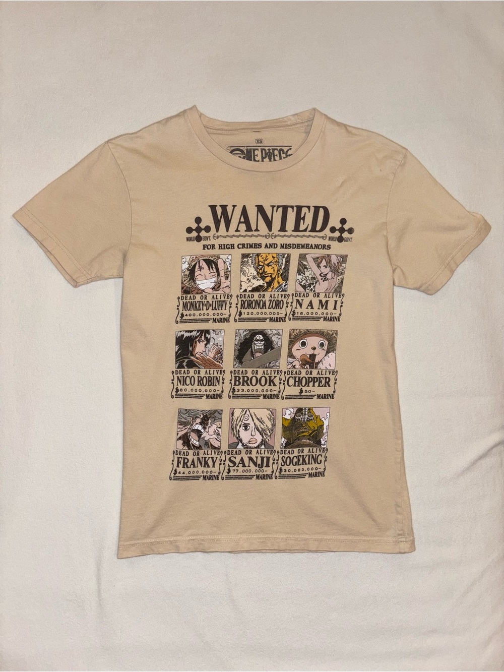 Ripple Junction One Piece Wanted Poster Graphic Tee XS Tan Anime